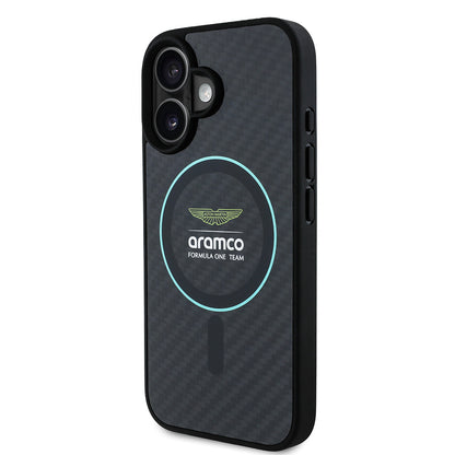 Apple iPhone 16 Kılıf Aston Martin Orjinal Lisanslı M-safe Şarj Özellikli Renkli Halka ve Karbon Fiber Tasarımlı Kapak Siyah-Yeşil