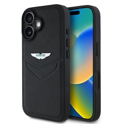 Apple iPhone 16 Kılıf Aston Martin Orjinal Lisanslı Victory Dizayn PU Deri Metal Logolu Kapak Siyah