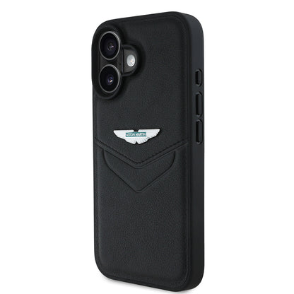 Apple iPhone 16 Kılıf Aston Martin Orjinal Lisanslı Victory Dizayn PU Deri Metal Logolu Kapak Siyah