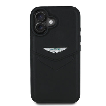 Apple iPhone 16 Kılıf Aston Martin Orjinal Lisanslı Victory Dizayn PU Deri Metal Logolu Kapak Siyah