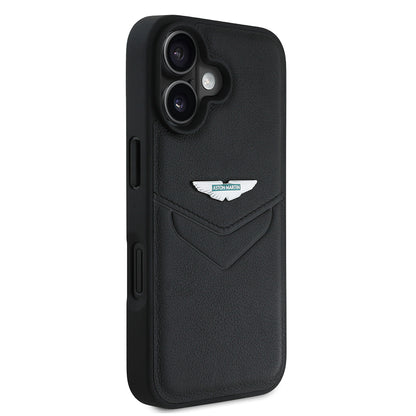 Apple iPhone 16 Kılıf Aston Martin Orjinal Lisanslı Victory Dizayn PU Deri Metal Logolu Kapak Siyah