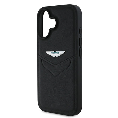 Apple iPhone 16 Kılıf Aston Martin Orjinal Lisanslı Victory Dizayn PU Deri Metal Logolu Kapak Siyah