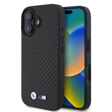 Apple iPhone 16 Kılıf BMW Orjinal Lisanslı Karbon Fiber Tasarımlı ve Metal Logolu PU Deri Kapak Siyah