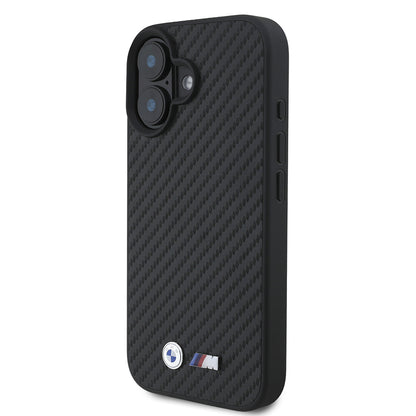 Apple iPhone 16 Kılıf BMW Orjinal Lisanslı Karbon Fiber Tasarımlı ve Metal Logolu PU Deri Kapak Siyah