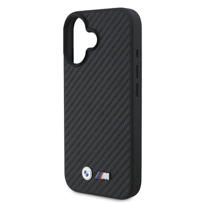 Apple iPhone 16 Kılıf BMW Orjinal Lisanslı Karbon Fiber Tasarımlı ve Metal Logolu PU Deri Kapak Siyah