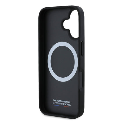 Apple iPhone 16 Kılıf BMW Orjinal Lisanslı M-safe Şarj Özellikli M Logolu Üç Çizgili Delikli Deri Kapak Siyah