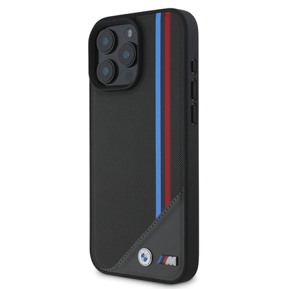 Apple iPhone 16 Kılıf BMW Orjinal Lisanslı M-safe Şarj Özellikli M Logolu Üç Çizgili Dikiş Detaylı Meshed Tricolor Stripes Kapak Siyah