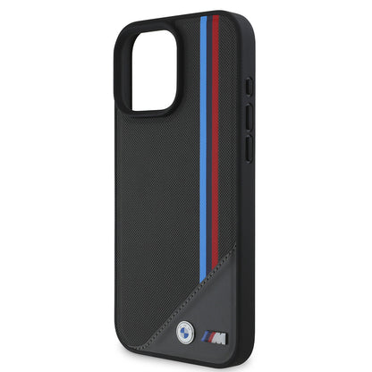 Apple iPhone 16 Kılıf BMW Orjinal Lisanslı M-safe Şarj Özellikli M Logolu Üç Çizgili Dikiş Detaylı Meshed Tricolor Stripes Kapak Siyah