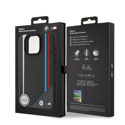 Apple iPhone 16 Kılıf BMW Orjinal Lisanslı M-safe Şarj Özellikli M Logolu Üç Çizgili Dikiş Detaylı Meshed Tricolor Stripes Kapak Siyah