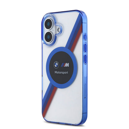 Apple iPhone 16 Kılıf BMW Orjinal Lisanslı M-safe Şarj Özellikli M Logolu Üç Renk Çizgili Motorsport Circle Kapak Şeffaf