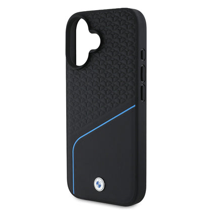 Apple iPhone 16 Kılıf BMW Orjinal Lisanslı M-safe Şarj Özellikli Metal Logolu Dokulu ve Çizgili Deri Kapak Gri
