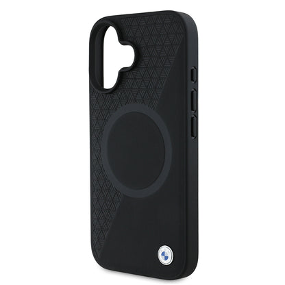 Apple iPhone 16 Kılıf BMW Orjinal Lisanslı M-safe Şarj Özellikli Metal Logolu Yarım Dokulu Circle Deri Kapak Siyah