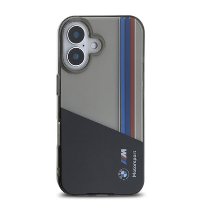 Apple iPhone 16 Kılıf BMW Orjinal Lisanslı Yarı Transparan M Dizayn Çizgili Kapak Siyah