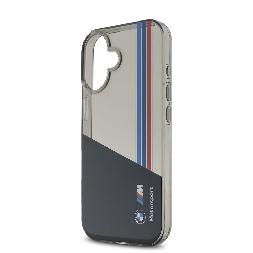 Apple iPhone 16 Kılıf BMW Orjinal Lisanslı Yarı Transparan M Dizayn Çizgili Kapak Siyah