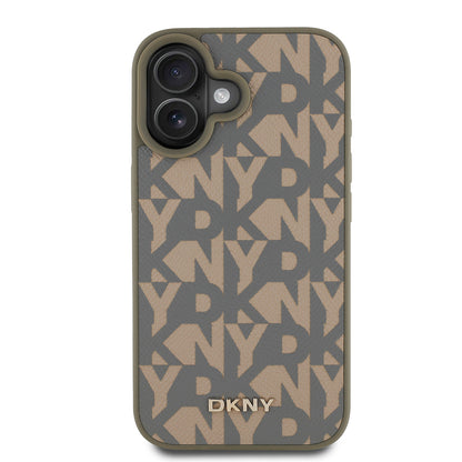 Apple iPhone 16 Kılıf DKNY Orjinal Lisanslı M-safe Şarj Özellikli 3D Yazılı Grid Pattern Kapak Kahverengi
