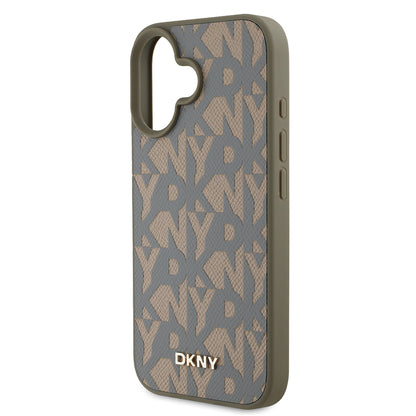 Apple iPhone 16 Kılıf DKNY Orjinal Lisanslı M-safe Şarj Özellikli 3D Yazılı Grid Pattern Kapak Kahverengi