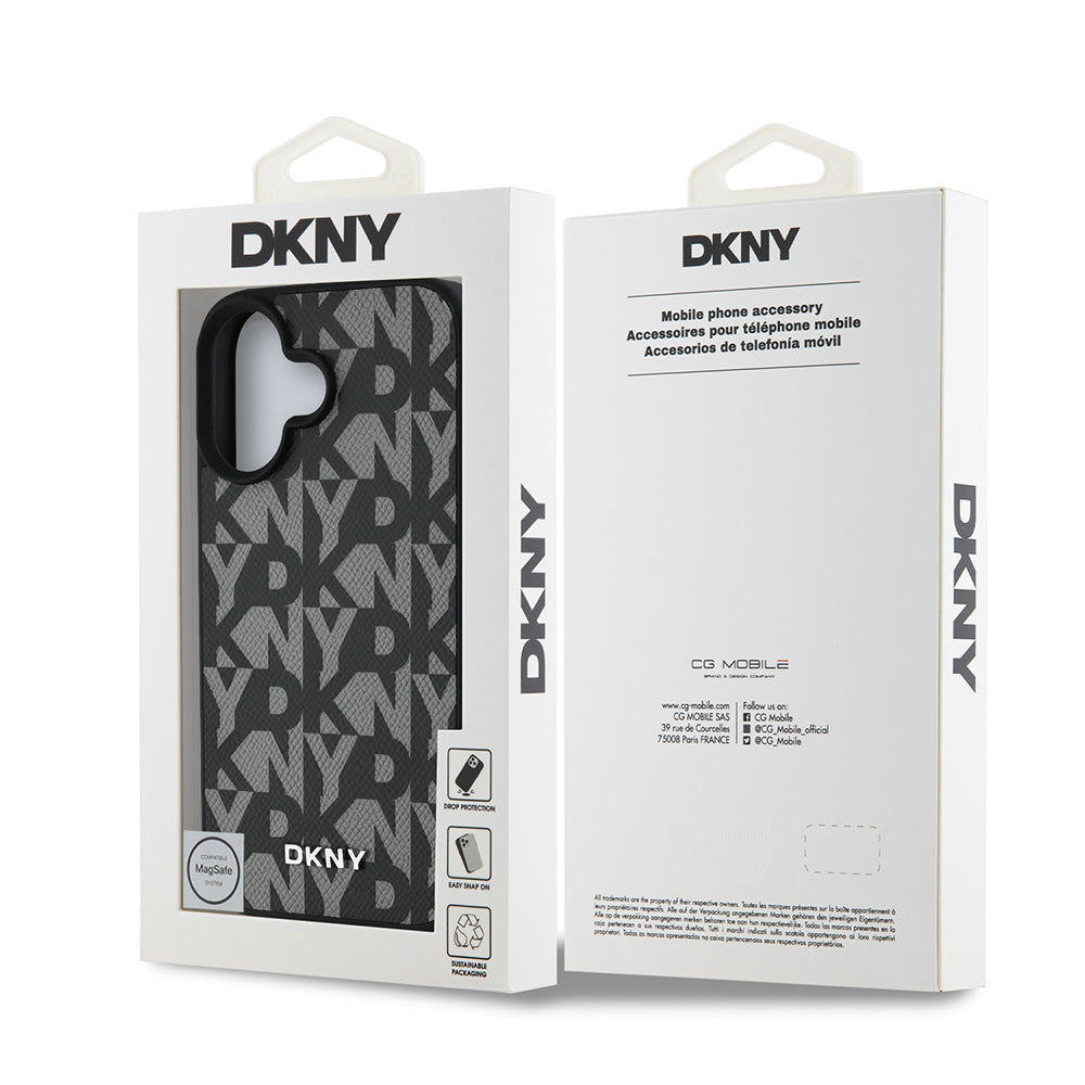 Apple iPhone 16 Kılıf DKNY Orjinal Lisanslı M-safe Şarj Özellikli 3D Yazılı Grid Pattern Kapak Gri