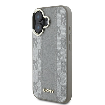 Apple iPhone 16 Kılıf DKNY Orjinal Lisanslı M-safe Şarj Özellikli 3D Yazılı Checkered Pattern Kapak Bej