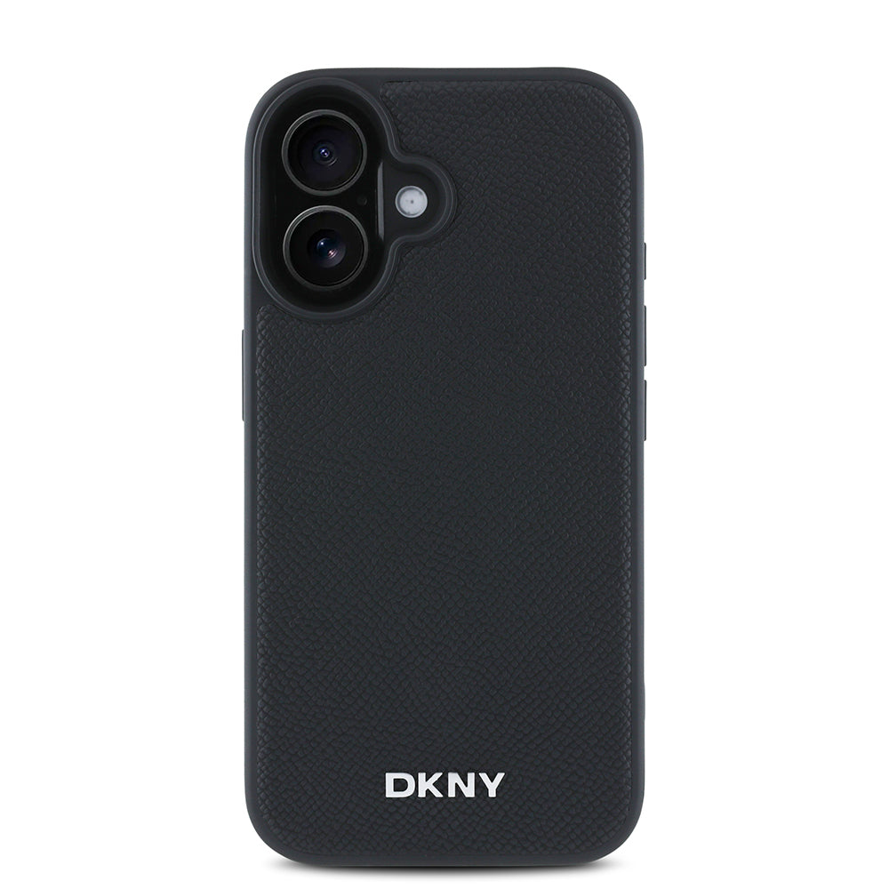 Apple iPhone 16 Kılıf DKNY Orjinal Lisanslı M-safe Şarj Özellikli Metal Logolu PU Deri Grained Kapak Siyah