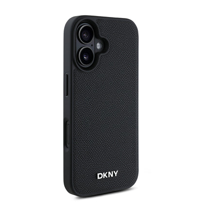 Apple iPhone 16 Kılıf DKNY Orjinal Lisanslı M-safe Şarj Özellikli Metal Logolu PU Deri Grained Kapak Siyah