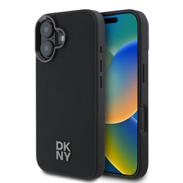 Apple iPhone 16 Kılıf DKNY Orjinal Lisanslı M-safe Şarj Özellikli Metal Logolu PU Deri Plain Kapak Siyah