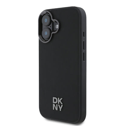 Apple iPhone 16 Kılıf DKNY Orjinal Lisanslı M-safe Şarj Özellikli Metal Logolu PU Deri Plain Kapak Siyah