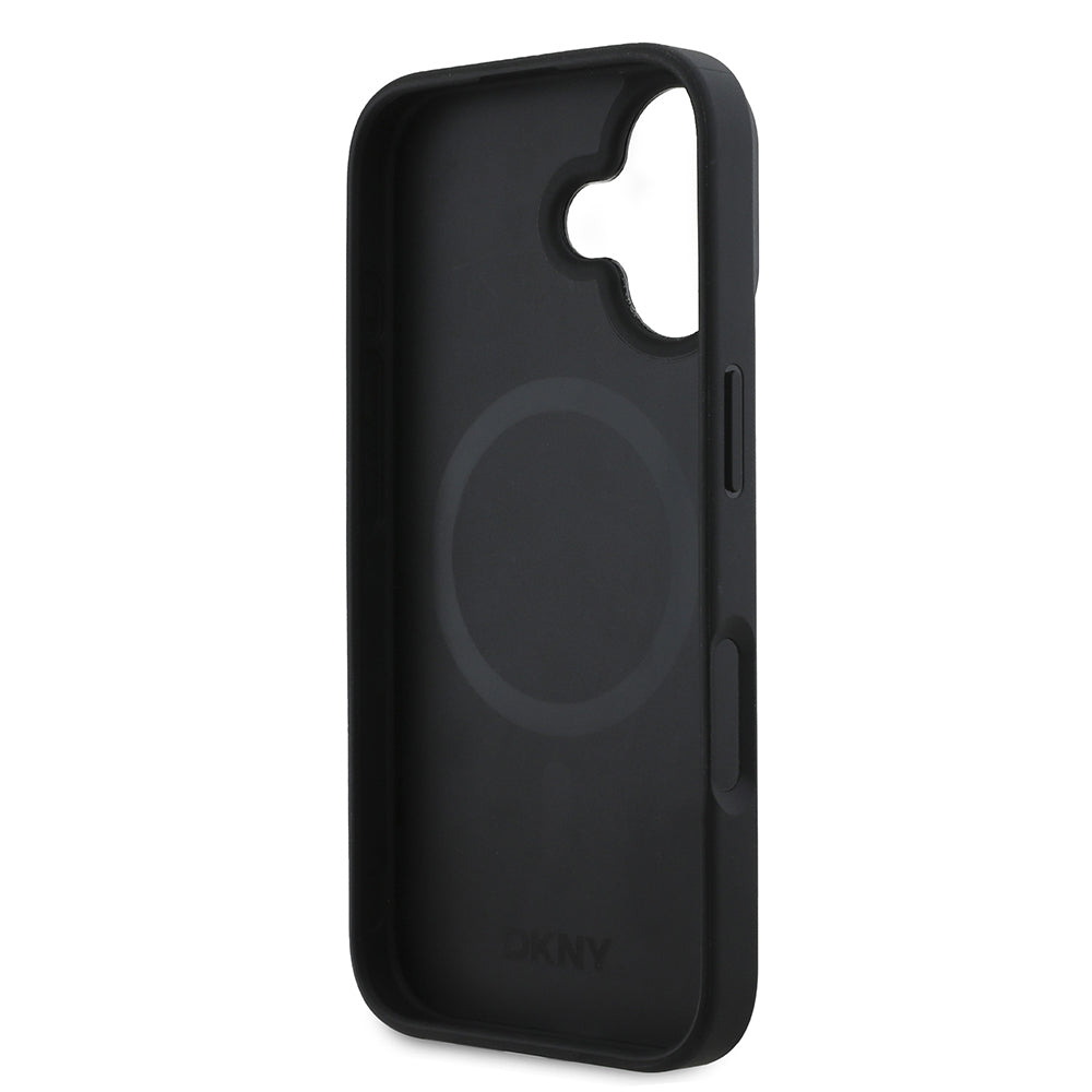 Apple iPhone 16 Kılıf DKNY Orjinal Lisanslı M-safe Şarj Özellikli Metal Logolu PU Deri Plain Kapak Siyah