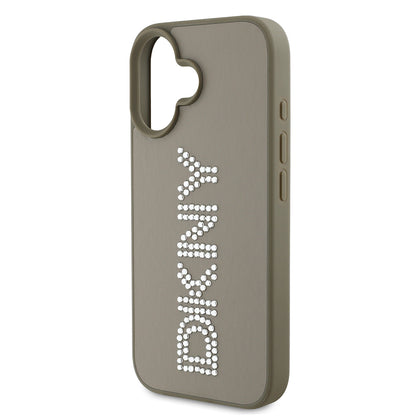 Apple iPhone 16 Kılıf DKNY Orjinal Lisanslı Taşlı DKNY Yazılı Metalik Rhinestones PU Deri Kapak Kahverengi