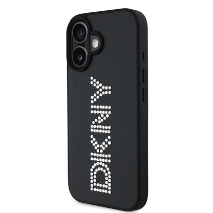 Apple iPhone 16 Kılıf DKNY Orjinal Lisanslı Taşlı DKNY Yazılı Metalik Rhinestones PU Deri Kapak Kahverengi