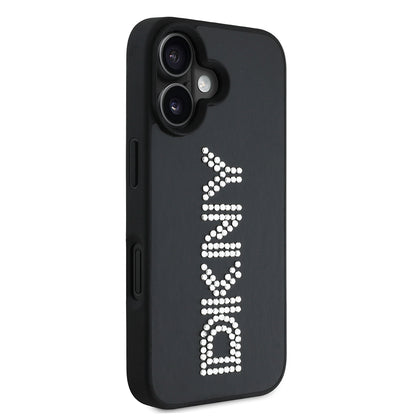 Apple iPhone 16 Kılıf DKNY Orjinal Lisanslı Taşlı DKNY Yazılı Metalik Rhinestones PU Deri Kapak Kahverengi