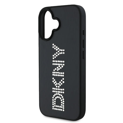 Apple iPhone 16 Kılıf DKNY Orjinal Lisanslı Taşlı DKNY Yazılı Metalik Rhinestones PU Deri Kapak Kahverengi