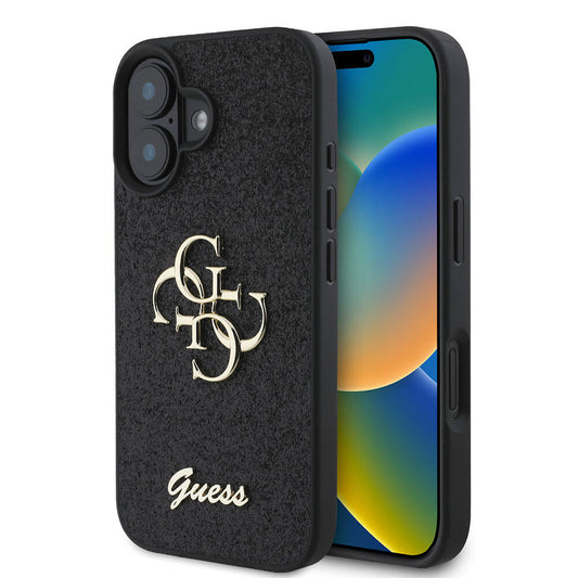 Apple iPhone 16 Case Guess Original Licensed 4G Large Metal Logo Glitter Cover Black