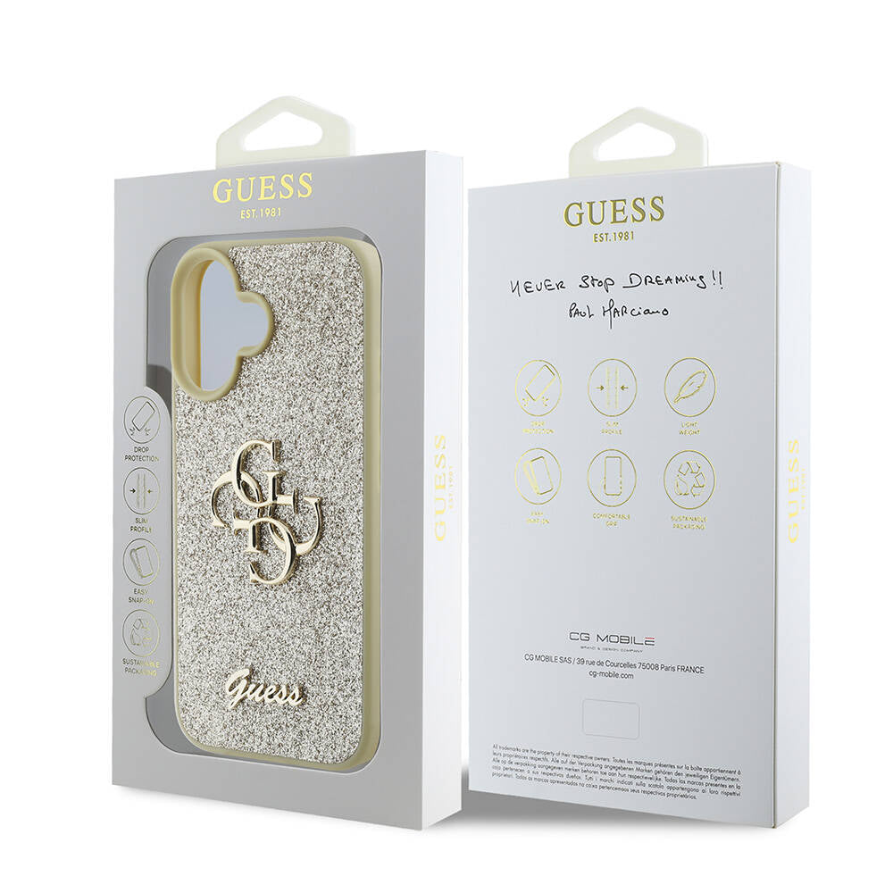 Apple iPhone 16 Case Guess Original Licensed 4G Large Metal Logo Glitter Cover Black