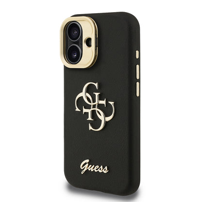 Apple iPhone 16 Kılıf Guess Orjinal Lisanslı Grained Yazı Logolu Kamera Standlı Kapak Siyah