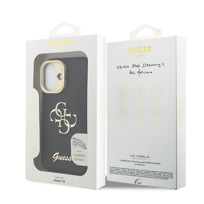 Apple iPhone 16 Kılıf Guess Orjinal Lisanslı Grained Yazı Logolu Kamera Standlı Kapak Siyah
