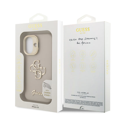 Apple iPhone 16 Kılıf Guess Orjinal Lisanslı Grained Yazı Logolu Kamera Standlı Kapak Siyah