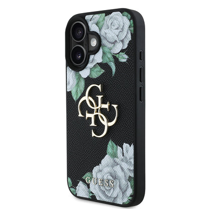 Apple iPhone 16 Kılıf Guess Orjinal Lisanslı Gül Baskılı Büyük Metal Logo Dizaynlı Kapak Pembe