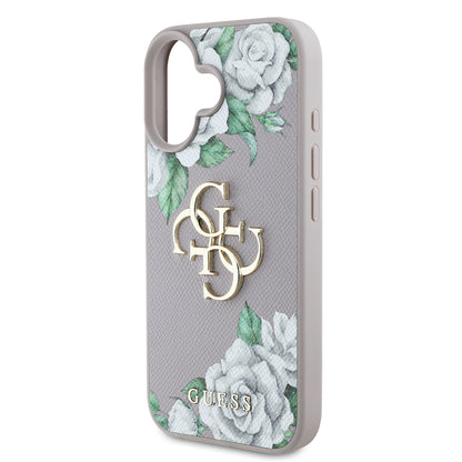 Apple iPhone 16 Kılıf Guess Orjinal Lisanslı Gül Baskılı Büyük Metal Logo Dizaynlı Kapak Mor