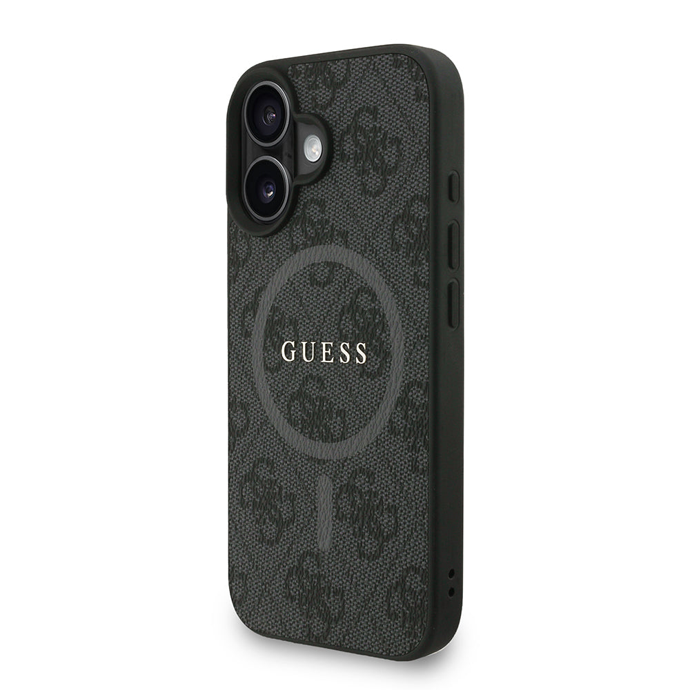 Apple iPhone 16 Kılıf Guess Orjinal Lisanslı M-safe Şarj Özellikli PU Deri Bilek Askı İpli Yazı Logolu Kapak Siyah