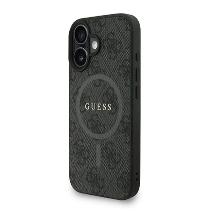 Apple iPhone 16 Kılıf Guess Orjinal Lisanslı M-safe Şarj Özellikli PU Deri Bilek Askı İpli Yazı Logolu Kapak Siyah