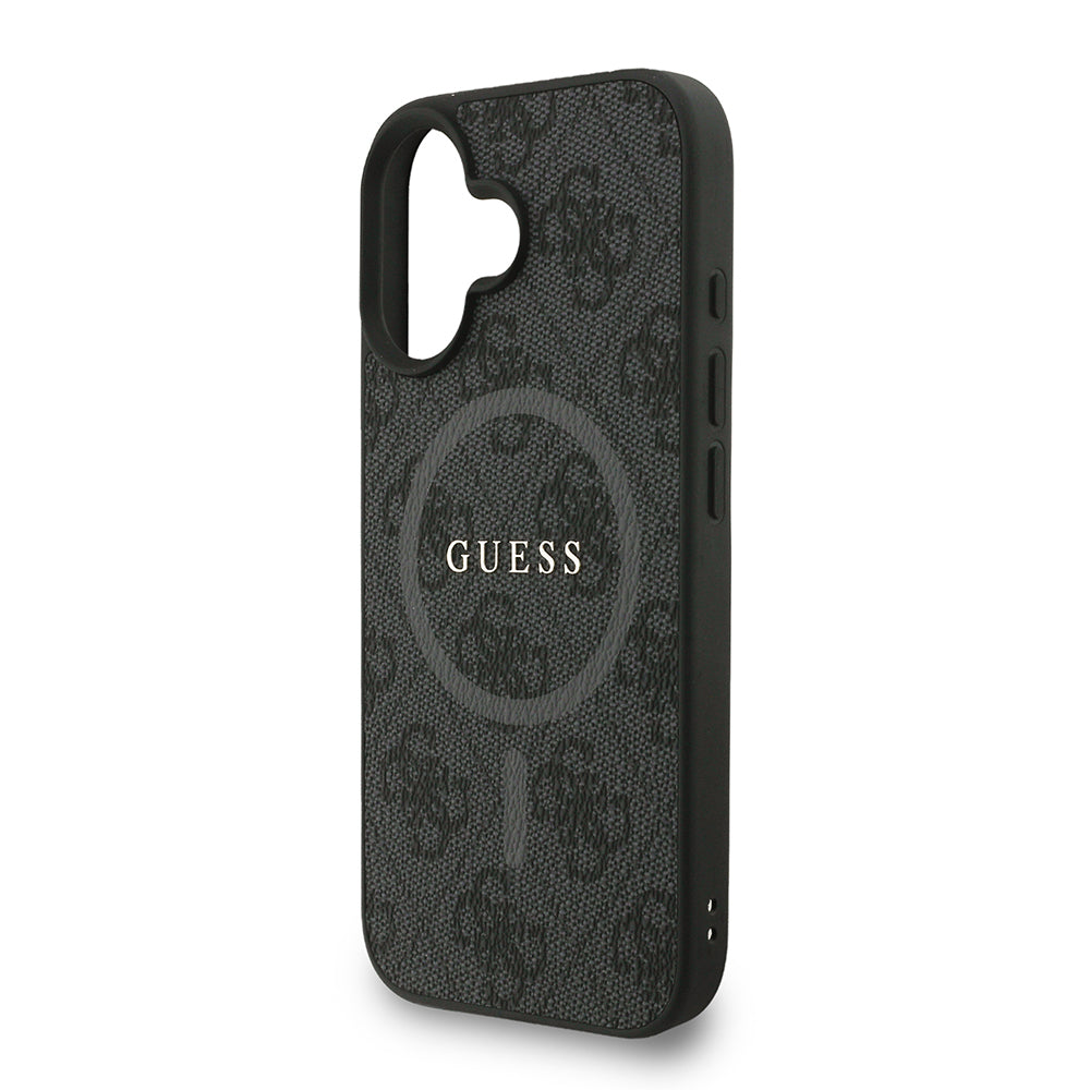 Apple iPhone 16 Kılıf Guess Orjinal Lisanslı M-safe Şarj Özellikli PU Deri Bilek Askı İpli Yazı Logolu Kapak Siyah
