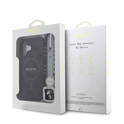 Apple iPhone 16 Kılıf Guess Orjinal Lisanslı M-safe Şarj Özellikli PU Deri Bilek Askı İpli Yazı Logolu Kapak Kahverengi