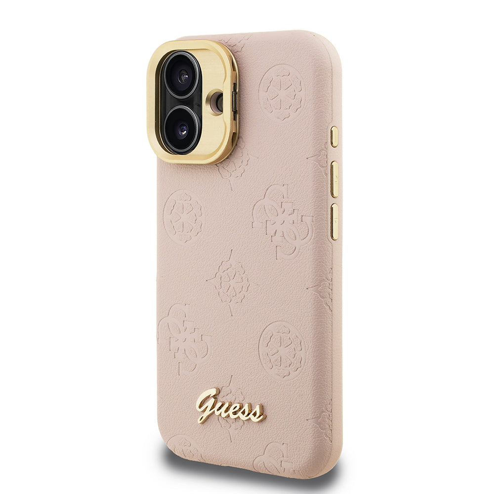 Apple iPhone 16 Kılıf Guess Orjinal Lisanslı M-safe Şarj Özellikli Sıcak Baskılı Yazı Logolu Kamera Standlı PU Deri Peony Kapak Pembe