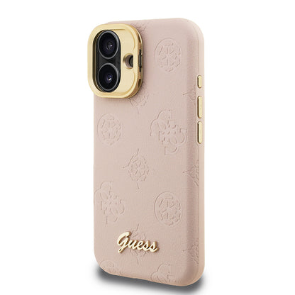 Apple iPhone 16 Kılıf Guess Orjinal Lisanslı M-safe Şarj Özellikli Sıcak Baskılı Yazı Logolu Kamera Standlı PU Deri Peony Kapak Pembe