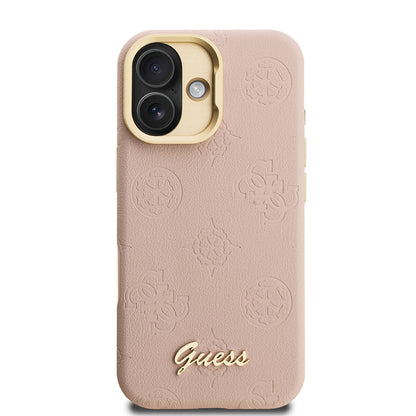 Apple iPhone 16 Kılıf Guess Orjinal Lisanslı M-safe Şarj Özellikli Sıcak Baskılı Yazı Logolu Kamera Standlı PU Deri Peony Kapak Pembe