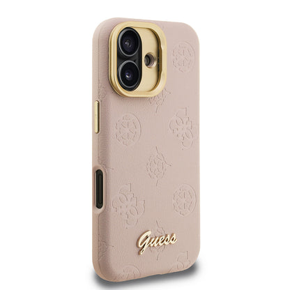 Apple iPhone 16 Kılıf Guess Orjinal Lisanslı M-safe Şarj Özellikli Sıcak Baskılı Yazı Logolu Kamera Standlı PU Deri Peony Kapak Bej