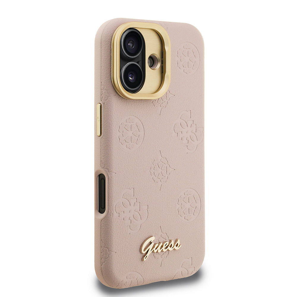 Apple iPhone 16 Kılıf Guess Orjinal Lisanslı M-safe Şarj Özellikli Sıcak Baskılı Yazı Logolu Kamera Standlı PU Deri Peony Kapak Pembe