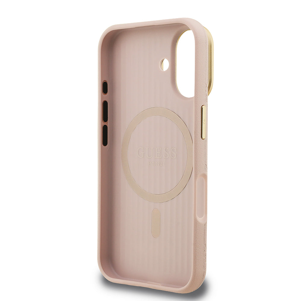 Apple iPhone 16 Kılıf Guess Orjinal Lisanslı M-safe Şarj Özellikli Sıcak Baskılı Yazı Logolu Kamera Standlı PU Deri Peony Kapak Pembe