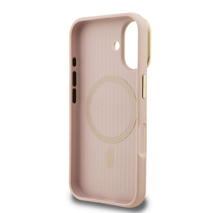 Apple iPhone 16 Kılıf Guess Orjinal Lisanslı M-safe Şarj Özellikli Sıcak Baskılı Yazı Logolu Kamera Standlı PU Deri Peony Kapak Pembe