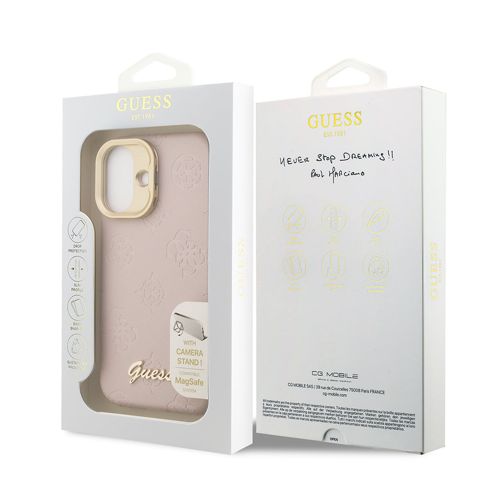 Apple iPhone 16 Kılıf Guess Orjinal Lisanslı M-safe Şarj Özellikli Sıcak Baskılı Yazı Logolu Kamera Standlı PU Deri Peony Kapak Pembe
